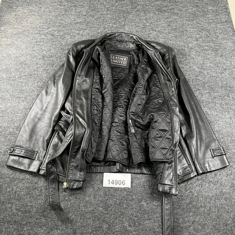 Leather Limited Trench Coat Womens Large Black Belted Quilted Lined Single Vent